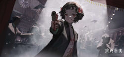 Rule 34 | 1girl, 6+boys, absurdres, aiming, aiming at viewer, backlighting, bar (place), black coat, black hair, blurry, blurry background, chandelier, coat, copyright name, copyright notice, crowd, curly hair, dress, dutch angle, feather dress, feather hair ornament, feathers, finger on trigger, flat chest, grin, gun, hair ornament, handgun, highres, holding, holding gun, holding weapon, logo, long sleeves, looking at viewer, multiple boys, official art, official wallpaper, aiming, red dress, red eyes, red feathers, reverse:1999, schneider (reverse:1999), short hair, smile, solo focus, spotlight, upper body, weapon, yetecong