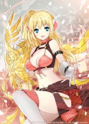 Rule 34 | 1girl, :d, blonde hair, blue eyes, breasts, cleavage, gloves, long hair, looking at viewer, mami (apsaras), navel, open mouth, original, petals, ponytail, reaching, smile, solo, staff, white gloves