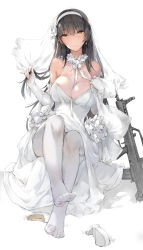 Rule 34 | 1girl, absurdres, assault rifle, between breasts, black hair, blunt bangs, breasts, bridal veil, bullpup, cleavage, commentary request, dress, elbow gloves, feet, fingerless gloves, flower, full body, girls&#039; frontline, gloves, gun, hair flower, hair ornament, hairband, high heels, highres, holding, holding own hair, jewelry, large breasts, long hair, looking at viewer, pantyhose, qbz-95, rifle, ring, shoes, simple background, sitting, solo, type 95 (girls&#039; frontline), unworn shoes, veil, weapon, wedding band, wedding dress, white background, white dress, white footwear, white gloves, white hairband, white pantyhose, white theme, yellow eyes, zen juraku