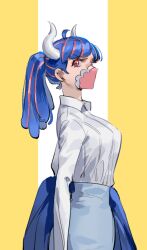 Rule 34 | 1girl, ahoge, blue hair, blue skirt, collared shirt, covered mouth, curled horns, dinosaur girl, horns, long hair, mask, mouth mask, multicolored hair, one piece, pink eyes, pink hair, pink mask, ponytail, raine (acke2445), shirt, shirt tucked in, skirt, solo, streaked hair, ulti (one piece), white shirt