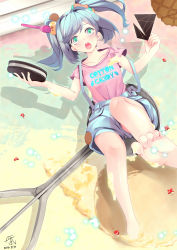 Rule 34 | aqua eyes, bad id, bad pixiv id, barefoot, blue hair, blush, collarbone, cookie, copyright request, feet, food, highres, ice cream, ice cream spoon, long hair, ninuri shiki, open mouth, oversized object, shirt, shorts, soles, spoon, suspenders, t-shirt, toes, twintails