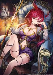 Rule 34 | 1girl, anklet, armchair, breasts, candle, chair, cleavage, demon girl, female focus, hair between eyes, halloween, head rest, head tilt, highres, horns, jewelry, kinchee, knee up, large breasts, lipstick, long hair, looking at viewer, makeup, navel, original, red eyes, red hair, shorts, sitting, skull, snake, solo, staff