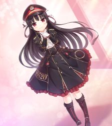 Rule 34 | 1girl, absurdres, black footwear, black hair, black hat, black jacket, black skirt, blush, boots, closed mouth, cura, dutch angle, gloves, hachiroku (maitetsu), hair ornament, hair rings, hat, highres, jacket, knee boots, long hair, long sleeves, looking at viewer, maitetsu, open clothes, open jacket, peaked cap, pleated skirt, red eyes, shirt, skirt, sleeves past wrists, smile, solo, standing, suspender skirt, suspenders, umbrella-flared skirt, very long hair, white gloves, white shirt