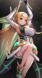 Rule 34 | 1girl, absurdres, aegis sword (xenoblade), bare legs, bare shoulders, blonde hair, breasts, chest jewel, cleavage, cleavage cutout, clothing cutout, dress, earrings, elbow gloves, gem, gloves, gonzarez, headpiece, highres, jewelry, large breasts, long hair, mythra (xenoblade), short dress, swept bangs, thigh strap, tiara, very long hair, white dress, white gloves, xenoblade chronicles (series), xenoblade chronicles 2, yellow eyes