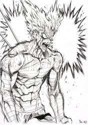 Rule 34 | 1boy, abs, absurdres, angry, aura, bare shoulders, blood, blood on face, commentary request, d:, d:&lt;, frown, furious, garou (one-punch man), greyscale, highres, looking away, male focus, monochrome, motion lines, murata yuusuke, muscular, official art, one-punch man, open mouth, pointy hair, sanpaku, scan, shouting, solo, standing, sweat, nervous sweating, traditional media, unfinished, v-shaped eyebrows, white background