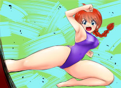 Rule 34 | 1girl, absurdres, barefoot, blue eyes, braid, braided ponytail, competition swimsuit, genderswap, genderswap (mtf), green background, highleg, highleg swimsuit, highres, kicking, nanao futaba, one-piece swimsuit, open mouth, purple one-piece swimsuit, ranma-chan, ranma 1/2, red hair, saotome ranma, single braid, solo, swimsuit