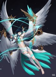 Rule 34 | 1boy, alternate costume, androgynous, arrow (projectile), barefoot, black hair, blue hair, bow (weapon), braid, capelet, chest tattoo, chrononimbus, closed mouth, commentary, crop top, detached sleeves, english commentary, feathered wings, flower, genshin impact, gradient hair, green eyes, hair flower, hair ornament, highres, holding, holding bow (weapon), holding weapon, hood, hood down, hooded capelet, leg tattoo, long sleeves, male focus, midriff, multicolored hair, multiple wings, navel, short hair with long locks, shorts, simple background, single thighhigh, solo, tattoo, thighhighs, twin braids, venti (archon) (genshin impact), venti (genshin impact), weapon, white flower, white shorts, wings
