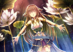 Rule 34 | 1girl, :o, armlet, bare shoulders, belt, bracelet, breasts, brown hair, ciel nosurge, cowboy shot, dutch angle, closed eyes, facing viewer, female focus, flower, hair flower, hair ornament, highres, ionasal kkll preciel, jewelry, layered skirt, light particles, long hair, lotus, midriff, missile228, nature, open mouth, outdoors, outstretched arms, plant, skirt, sky, sleeveless, solo, spread arms, standing, surge concerto, underbust