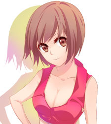 Rule 34 | 1girl, bad id, bad pixiv id, breasts, brown eyes, brown hair, cleavage, large breasts, meiko (vocaloid), nouko (rainstop), portrait, short hair, smile, solo, upper body, vocaloid