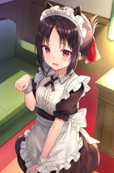 Rule 34 | 1girl, alternate costume, animal ears, apron, artist name, blush, brown dress, brown hair, center frills, collared shirt, commentary, couch, curtains, day, desk, dress, english commentary, enmaided, folded ponytail, frilled apron, frills, hair ribbon, hand up, hitsukuya, indoors, kaguya-sama wa kokurasetai ~tensai-tachi no renai zunousen~, kemonomimi mode, looking at viewer, maid, maid headdress, open mouth, parted bangs, puffy short sleeves, puffy sleeves, red eyes, red ribbon, ribbon, shinomiya kaguya, shirt, short sleeves, sidelocks, signature, solo, standing, sunlight, wavy mouth, white apron, white shirt, wrist cuffs
