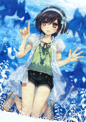 Rule 34 | 1girl, absurdres, against glass, ahoge, black hair, blouse, blue theme, blush, bubble, dutch angle, feet, fish, fish tank, flower, hairband, headband, highres, kawaku, kneeling, lace, medal, medallion, megami magazine, megami magazine deluxe, midriff, navel, original, pink eyes, pointing, red eyes, sandals, scan, seaweed, see-through, shirt, short hair, shorts, smile, solo, thigh gap, thighs, toes, underwater, water