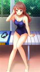 Rule 34 | 1girl, :d, barefoot, blue one-piece swimsuit, blush, breasts, cleavage, collarbone, day, doukyuusei another world, game cg, hand in own hair, kishimoto sae, long hair, looking at viewer, medium breasts, official art, one-piece swimsuit, open mouth, orange eyes, outdoors, pink hair, sitting, smile, solo, spaghetti strap, straight hair, swimsuit, very long hair