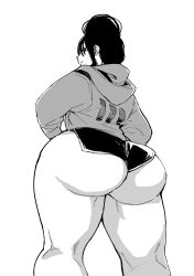 Rule 34 | 1girl, ass, breasts, erotic x anabolic, from below, highres, hood, huge ass, inui achu, jacket, large breasts, long hair, mitsukura itsuha, monochrome, original, short shorts, shorts, solo, thick thighs, thighs, upper body, wide hips