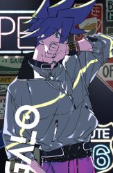 Rule 34 | blue eyes, blue hair, bracelet, contemporary, galo thymos, jacket, jewelry, long sleeves, male focus, neon lights, pants, promare, ring, shirikon, solo focus, spiked hair, thumbs down, track pants, watch, wristwatch