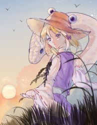 Rule 34 | 1girl, absurdres, bird, blonde hair, bow, brown hat, chinese commentary, closed mouth, commentary, cowboy shot, day, expressionless, from behind, grass, hair bow, hat, highres, long sleeves, looking at viewer, looking back, medium hair, mishaguji, moriya suwako, open hand, purple skirt, purple vest, red bow, ribbon-trimmed sleeves, ribbon trim, shirt, skirt, skirt set, sky, snake, solo, sun, touhou, vest, white shirt, wide sleeves, yellow eyes, yongyu366