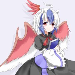 Rule 34 | 1girl, ahoge, bad id, bad pixiv id, blue hair, blush, book, hugging book, geso (nekomachi), head wings, holding, holding book, horns, hugging object, multicolored hair, red eyes, short hair, silver hair, solo, tokiko (touhou), touhou, two-tone hair, wide sleeves, wings