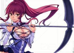 Rule 34 | 1girl, absurdres, arnett mcmillian, breasts, cleavage, cleavage cutout, clothing cutout, dress, female focus, freezing (series), highres, huge filesize, kim kwang hyun, large breasts, long hair, long sleeves, necktie, official art, open clothes, plaid, plaid skirt, ponytail, red hair, scan, school uniform, scythe, shirt, simple background, skirt, skirt set, solo, weapon, white background, yellow eyes
