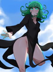 Rule 34 | 1girl, black dress, blue sky, breasts, cleft of venus, closed mouth, curly hair, dress, floating, glowing, glowing eyes, green eyes, green hair, highres, lightsource, long sleeves, looking at viewer, no panties, one-punch man, pussy, short hair, simple background, sky, small breasts, solo, split mouth, tatsumaki, thick thighs, thighs