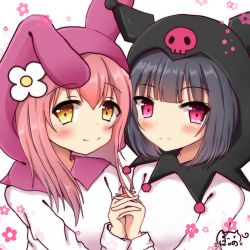 Rule 34 | 2girls, animal ears, black hair, blush, brown hair, closed mouth, commentary request, copyright request, dress, fake animal ears, flower, hair between eyes, hand up, heart, heart in eye, highres, holding hands, hood, hood up, interlocked fingers, kuromi, long hair, long sleeves, multiple girls, my melody, nyano21, onegai my melody, purple eyes, rabbit ears, sanrio, signature, simple background, skull, smile, symbol in eye, white background, white dress, white flower, yellow eyes