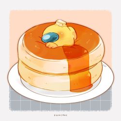 Rule 34 | 1other, among us, butter, commentary, crewmate (among us), food, highres, no humans, on food, oversized food, oversized object, pancake, pancake stack, plate, solo, souffle pancake, symbol-only commentary, syrup, tenmiyakiyo, yellow (among us)