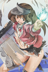 Rule 34 | 10s, 1girl, brown eyes, brown hair, fire, flat chest, kantai collection, long hair, looking at viewer, magatama, no bra, no panties, personification, ribs, ryuujou (kancolle), scroll, skirt, solo, torn clothes, twintails, visor cap, yohane