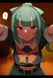 Rule 34 | ..., 1girl, ajifry39, blunt bangs, blurry, blurry background, breasts, collarbone, green eyes, green hair, green skirt, highres, kantai collection, long hair, looking at viewer, midriff, navel, neckerchief, orange neckerchief, ponytail, pout, sailor collar, school uniform, shirt, short sleeves, skirt, solo, yuubari (kancolle)