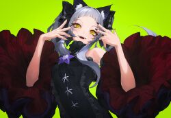 Rule 34 | 1girl, animal ear fluff, animal ears, arched bangs, black dress, black nails, black sleeves, blush, breasts, brooch, cat ears, center frills, commentary, contrapposto, detached sleeves, dress, fangs, fingernails, forehead, frilled dress, frilled ribbon, frills, gothic lolita, green background, grey hair, hair ribbon, highres, hololive, impossible clothes, impossible dress, jewelry, kiokoii, lolita fashion, long fingernails, long hair, looking at viewer, murasaki shion, murasaki shion (gothic lolita), nail polish, official alternate costume, official alternate hairstyle, open mouth, ribbon, sidelocks, simple background, sleeveless, sleeveless dress, small breasts, solo, star (symbol), star brooch, twintails, upper body, virtual youtuber, wide sleeves