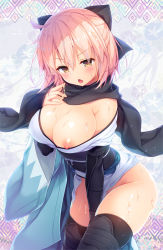 Rule 34 | 1girl, black bow, black scarf, blush, bow, breasts, cum, cum on body, cum on upper body, cum string, fate (series), hair bow, japanese clothes, kimono, koha-ace, konomi (kino konomi), looking at viewer, medium breasts, nipples, okita souji (fate), okita souji (koha-ace), open mouth, pink hair, scarf, shinsengumi, short hair, solo, thighs, yellow eyes