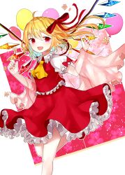 Rule 34 | 1girl, ascot, balloon, blonde hair, bow, collared shirt, crystal, flandre scarlet, foot out of frame, frilled shirt collar, frilled skirt, frilled sleeves, frilled vest, frills, hair between eyes, hair ribbon, leg up, looking at viewer, medium hair, multicolored wings, nail polish, no headwear, open mouth, pink background, puffy short sleeves, puffy sleeves, red bow, red eyes, red footwear, red nails, red ribbon, red skirt, red vest, ribbon, sakizaki saki-p, shirt, short sleeves, skirt, skirt set, sleeve bow, solo, standing, standing on one leg, touhou, vest, white background, white shirt, wings, yellow ascot