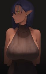 Rule 34 | 1girl, amino (tn7135), bare shoulders, black background, blue hair, breasts, brown sweater, closed mouth, collarbone, commentary, dark-skinned female, dark elf, dark skin, earrings, elf, eyelashes, hair between eyes, highres, jewelry, large breasts, lips, looking at viewer, mole, mole under mouth, nose, original, pointy ears, ribbed sweater, short hair, sideboob, sideways glance, simple background, skindentation, sleeveless, sleeveless sweater, sleeveless turtleneck, solo, standing, stud earrings, sweater, turtleneck, turtleneck sweater, yellow eyes