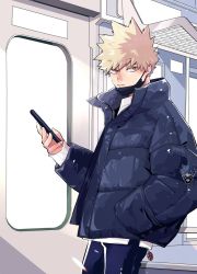 Rule 34 | 1boy, against railing, bakugou katsuki, blonde hair, blue pants, boku no hero academia, caustics, cellphone, character print, coat, cowboy shot, expressionless, gears, highres, holding, holding phone, indoors, jacket, charm (object), kirishima eijirou, leaning back, against railing, long sleeves, looking at viewer, male focus, mask, unworn mask, mouth mask, open clothes, open jacket, oversized clothes, pants, patch, phone, railing, red eyes, shirt, short hair, smartphone, solo, spiked hair, standing, sunlight, superhero costume, train interior, umasara, v-shaped eyebrows, white shirt, window, winter clothes, winter coat