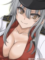 Rule 34 | 1girl, black hat, breasts, brown eyes, cleavage, closed mouth, collarbone, collared shirt, dress shirt, facial scar, gangut (kancolle), grey hair, hair between eyes, hat, jacket, kantai collection, large breasts, light smile, long hair, looking at viewer, mattari numenume, one-hour drawing challenge, open clothes, open jacket, red shirt, scar, scar on cheek, scar on face, shirt, simple background, solo, twitter username, upper body, white jacket