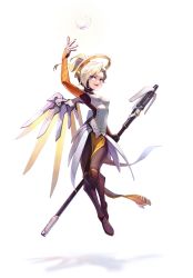 Rule 34 | 1girl, arm up, armor, blonde hair, blue eyes, bodysuit, breasts, brown pantyhose, faulds, feathers, floating, full body, halo, hetchi, high ponytail, highres, holding, holding staff, looking at viewer, mechanical halo, mechanical wings, medium breasts, mercy (overwatch), open mouth, overwatch, overwatch 1, pantyhose, pelvic curtain, shadow, simple background, smile, solo, staff, white background, white feathers, wings, yellow wings