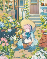 Rule 34 | 1girl, absurdres, apron, black eyes, blue dress, blue hat, braid, braided bun, brown gloves, clover, day, door, dress, flower, flower pot, frilled dress, frills, full body, garden, gloves, hair bun, hair intakes, hat, head scarf, highres, holding, holding plant, ivy, jidu que mi de xiao caocao, lace trim, leaf, mandragora, original, outdoors, pink flower, pink hair, pink tulip, plant, potted plant, procreate (medium), puffy short sleeves, puffy sleeves, scenery, seiza, short hair with long locks, short sleeves, shovel, sidelocks, sitting, soil, solo, stairs, straw hat, sun hat, trellis, tulip, watering can, wavy hair, white apron, white flower
