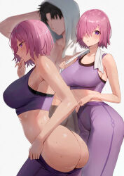 Rule 34 | 1boy, 1girl, :o, abs, absurdres, ass, bare shoulders, black hair, black pants, blush, breasts, collarbone, fate/grand order, fate (series), fujimaru ritsuka (male), hair over one eye, highres, huge ass, large breasts, light purple hair, looking at viewer, mash kyrielight, muscular, muscular male, navel, no panties, open mouth, pants, purple eyes, purple pants, purple sports bra, rororo, short hair, sideboob, simple background, sports bra, stomach, thick thighs, thighs, topless male, towel, towel around neck, towel on head, white background, wide hips, yoga pants