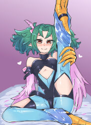 Rule 34 | 1girl, bare shoulders, bird legs, blue thighhighs, breasts, brown eyes, duel monster, feathers, green hair, hair ornament, harpie carla, harpy, heart, heart hair ornament, highres, leg lift, looking at viewer, medium hair, mmbird, monster girl, parted bangs, pink feathers, pink wings, pointy ears, small breasts, smile, solo, stirrup legwear, thighhighs, toeless legwear, winged arms, wings, yu-gi-oh!, yu-gi-oh! rush duel