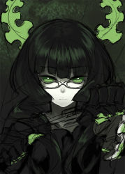 Rule 34 | 10s, 1girl, 92m, bad id, bad twitter id, black hair, black rock shooter, dead master, glasses, green eyes, green theme, horns, looking at viewer, monochrome, solo, upper body