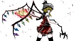 Rule 34 | 1girl, bad id, bad pixiv id, blonde hair, hand fan, female focus, fire, flandre scarlet, from behind, gem, hat, laevatein, long hair, looking at viewer, morise, red eyes, solo, thighhighs, touhou, wings