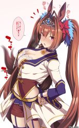 Rule 34 | 1girl, animal ears, blouse, blue thighhighs, blush, breasts, brown hair, cleavage, daiwa scarlet (umamusume), fang, hair intakes, highres, horse ears, horse girl, horse tail, large breasts, long hair, long sleeves, looking at viewer, open mouth, red eyes, red shirt, shirt, solo, speech bubble, starting future (umamusume), tail, thighhighs, thighs, tiara, translation request, twintails, umamusume, unadon, very long hair