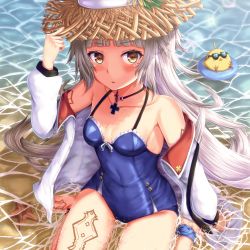 Rule 34 | 1girl, :o, afloat, ankle ribbon, arm up, azur lane, bare legs, bare shoulders, barefoot, bird, blue one-piece swimsuit, blunt bangs, blush, breasts, breasts apart, brown eyes, buran (22x), casual one-piece swimsuit, chicken, collarbone, commentary request, cross, cross necklace, from above, grey hair, hand on headwear, hat, highres, innertube, iron cross, jacket, jewelry, leg ribbon, long hair, long sleeves, looking up, mole, mole under eye, necklace, off shoulder, one-piece swimsuit, open clothes, open jacket, outdoors, parted lips, pendant, ribbon, shallow water, sitting, small breasts, solo, straight hair, straw hat, sunglasses, swim ring, swimsuit, tattoo, very long hair, wariza, water, white jacket, z46 (azur lane), z46 (her first summer) (azur lane)