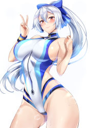 Rule 34 | 1girl, blue bow, blue one-piece swimsuit, blush, bow, breasts, closed mouth, competition swimsuit, fate/grand order, fate (series), hair between eyes, hair bow, highleg, highleg swimsuit, kumakichi (cost-lost), large breasts, long hair, looking at viewer, one-piece swimsuit, ponytail, red eyes, silver hair, simple background, swimsuit, thighs, tomoe gozen (fate), tomoe gozen (swimsuit saber) (fate), tomoe gozen (swimsuit saber) (first ascension) (fate), two-tone swimsuit, v, white background, white one-piece swimsuit, wristband