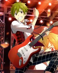 Rule 34 | 1boy, akiyama hayato, bracelet, collared shirt, electric guitar, fingernails, green hair, guitar, hair between eyes, holding, holding instrument, idol, idolmaster, idolmaster side-m, idolmaster side-m growing stars, instrument, jewelry, looking at viewer, male focus, official art, shirt, smile, solo, stage lights, teeth