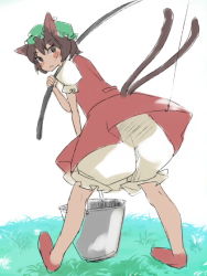 Rule 34 | 1girl, :&lt;, animal ears, bloomers, brown hair, bucket, cat ears, cat girl, chen, earrings, female focus, fishing, fishing rod, hat, holding, holding fishing rod, jewelry, mugishima orie, outdoors, short hair, solo, touhou, underwear, white bloomers