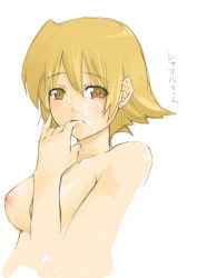 Rule 34 | 00s, 1girl, breasts, brown eyes, brown hair, cum, earrings, facial, female focus, finger to mouth, jewelry, looking at viewer, lyrical nanoha, mahou shoujo lyrical nanoha, mahou shoujo lyrical nanoha strikers, mochiya, nipples, nude, pinky out, shamal, short hair, solo, topless frame, upper body