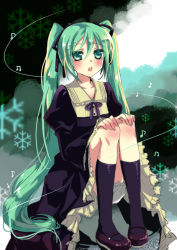 Rule 34 | bad id, bad pixiv id, blush, dress, green eyes, green hair, hands on legs, hatsune miku, leg hold, long hair, manle, mary janes, ribbon, shoes, sitting, solo, twintails, very long hair, vocaloid