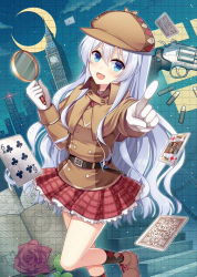 Rule 34 | 1girl, :d, blue eyes, blush, book, card, coat, crescent moon, deerstalker, detective, gloves, gun, handgun, hat, hitsuki rei, kuuki shoujo, long hair, looking at viewer, magnifying glass, moon, open mouth, personification, playing card, revolver, silver hair, skirt, smile, solo, the personfication of atmosphere, the personification of atmosphere, trench coat, weapon, white gloves
