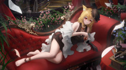 Rule 34 | 1girl, absurdres, animal ear fluff, animal ears, arknights, bare shoulders, barefoot, black dress, black headwear, blonde hair, bottle, breasts, cleavage, closed mouth, couch, cup, dress, drink, drinking glass, feet, hair between eyes, highres, holding, holding cup, indoors, instrument, legs, ling dianxia, long hair, looking at viewer, lying, medium breasts, official alternate costume, on couch, on side, phonograph, photoshop (medium), piano, plant, red eyes, shawl, sheet music, smile, solo, sora (arknights), sora (melodiosa) (arknights), tilted headwear, toes, wolf ears