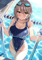 Rule 34 | 1girl, alternate breast size, alternate costume, blue one-piece swimsuit, blush, breasts, brown eyes, brown hair, commentary request, competition swimsuit, covered navel, diving mask, diving mask on head, drain (object), eyewear on head, from above, goggles, goggles on head, hair between eyes, highleg, highleg swimsuit, impossible clothes, impossible swimsuit, isshiki iroha, large breasts, looking at viewer, one-piece swimsuit, open mouth, pink lips, pool, pool ladder, poolside, solo, swimsuit, thighs, water, wet, wet clothes, wet swimsuit, xe (execut3r), yahari ore no seishun lovecome wa machigatteiru.