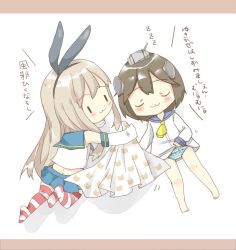 Rule 34 | 10s, 2girls, :3, blonde hair, brown hair, closed eyes, closed mouth, clothes writing, commentary request, covering with blanket, detached sleeves, dress, hairband, highleg, highleg panties, kantai collection, long hair, long sleeves, miniskirt, multicolored clothes, multicolored legwear, multiple girls, no legwear, no shoes, panties, sailor dress, school uniform, serafuku, shimakaze (kancolle), short hair, skirt, striped clothes, striped legwear, striped panties, striped thighhighs, thighhighs, translation request, tsuchihara ai, underwear, yukikaze (kancolle), | |