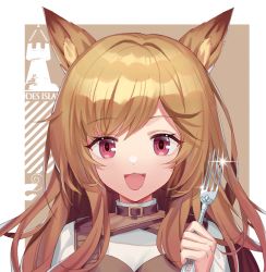 Rule 34 | 1girl, :3, animal ears, arknights, blue shrimp, blush, breasts, brown hair, ceobe (arknights), choker, cleavage, fang, fork, fox ears, happy, holding, holding fork, long hair, looking at viewer, open mouth, pink eyes, small breasts, smile, solo, upper body